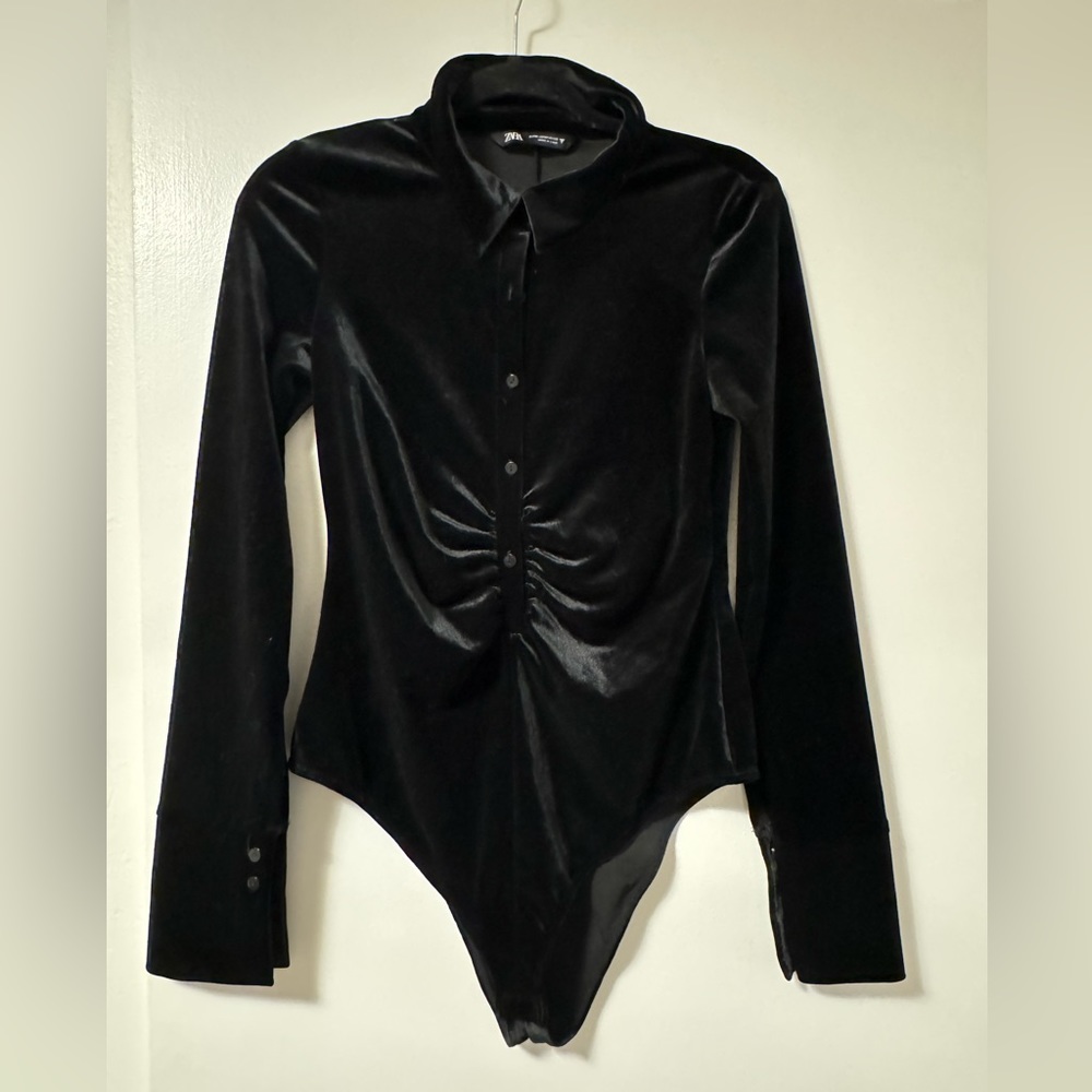 Zara Velour Collared Bodysuit in Black - Never worn